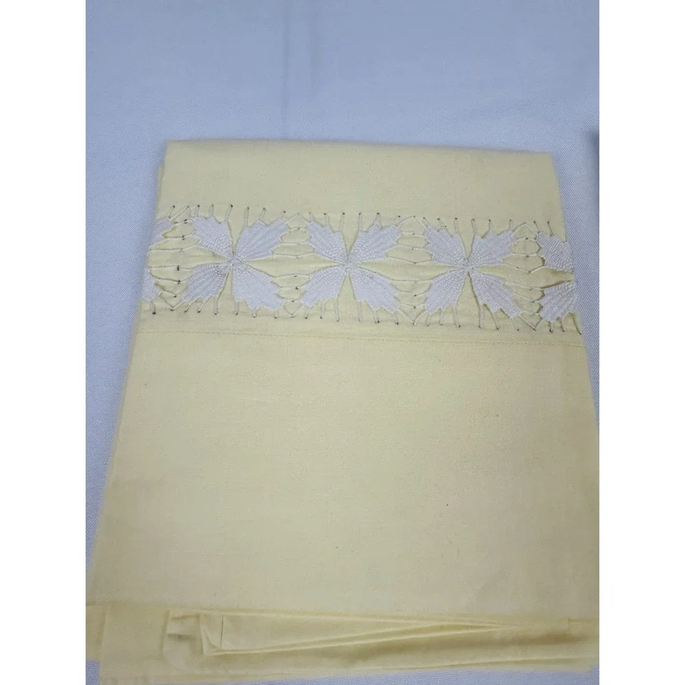 Vintage Cross Stitched Pillowcase Yellow w/White Stitching 33 x 21